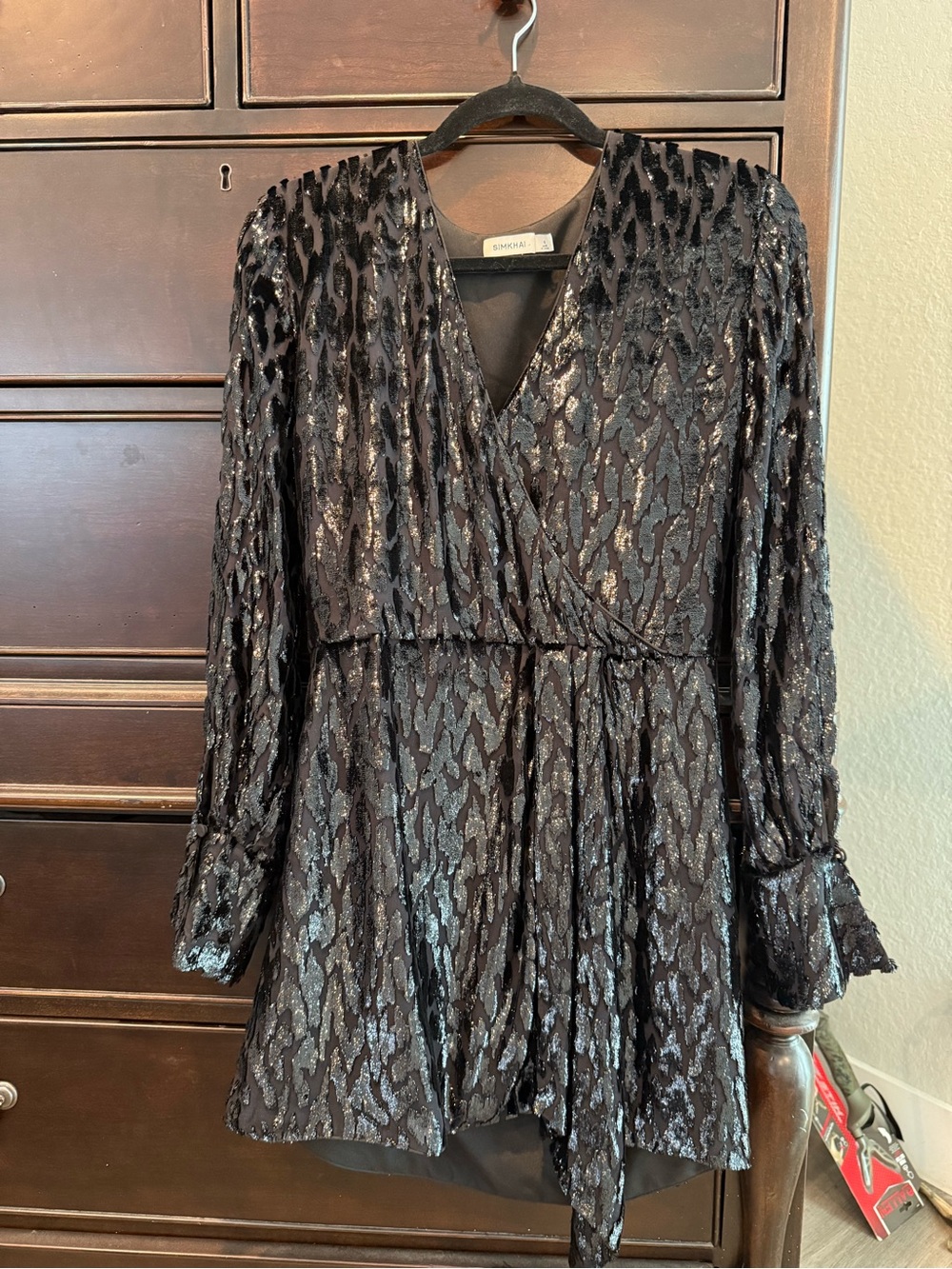 SIMKHAI Black Metallic Patterned Long-Sleeve Wrap Dress